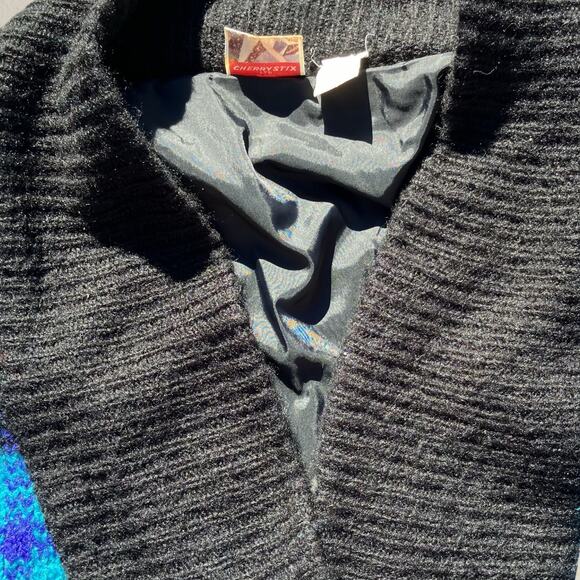 Vintage 1980s men’s blue plaid cardigan sweater shawl collar, retro prep grunge - Picture 4 of 10